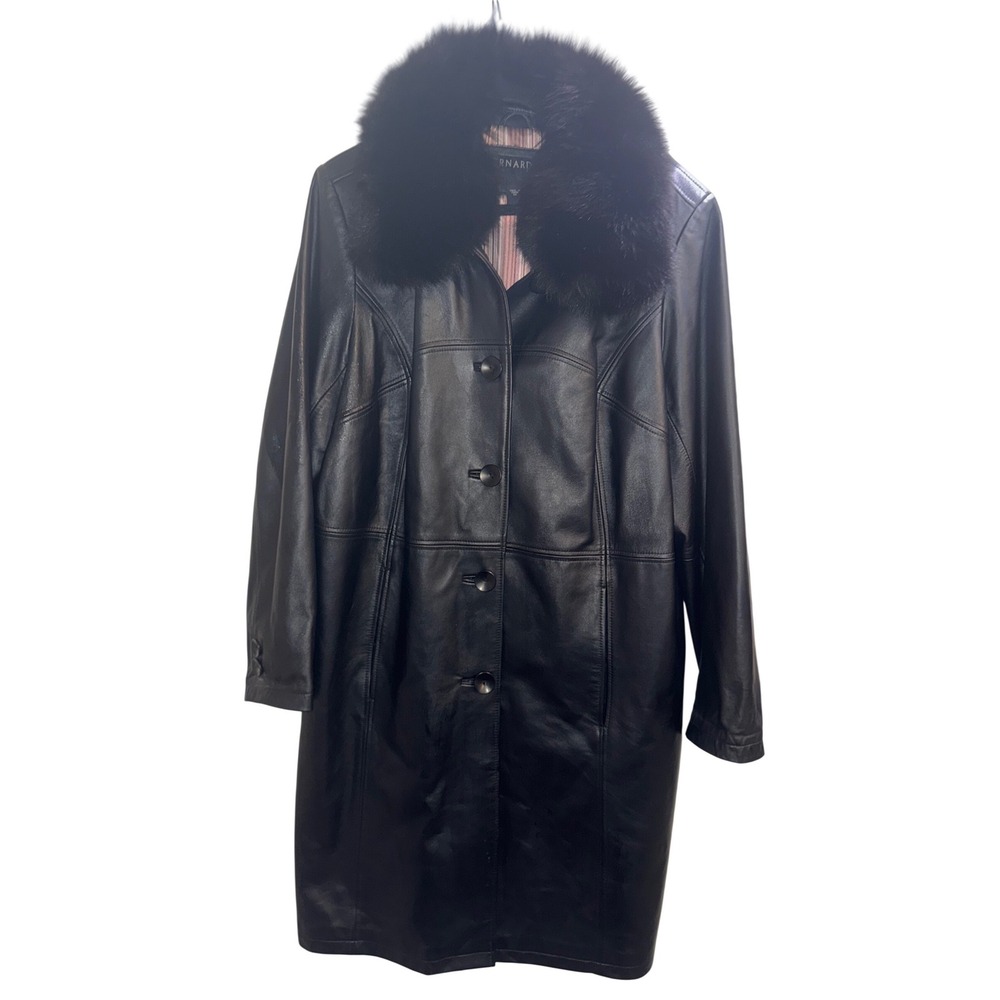 Y2K Bernardo 2X Black Leather Coat Detachable Fox Fur Collar Mid Length Trench